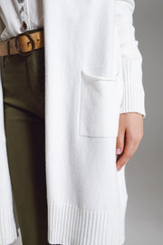 Long White Cardigan With Folded Pockets