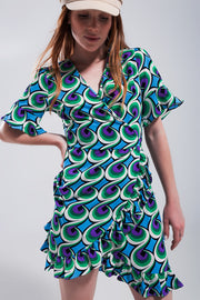Wrap Ruffle Hem Mini Dress in 70s Blue Print