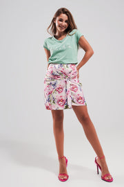 Mini Skirt With Knot Front in Pink Rose Print