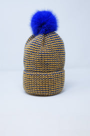 Knitted Beanie With Pom Pom in Blue and Yellow