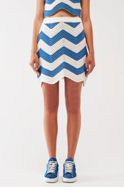 Ribbed Knitted Mini Skirt in White and Blue