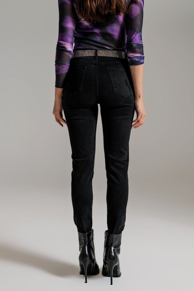 High Waisted Skinny Jeans Distressed at the Hem in Black