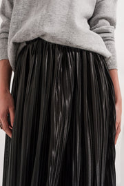 Shiny Black Pleated Midi Skirt