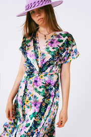 Flower Print Front Knot Maxi Dress in Purple and Green Multicolour