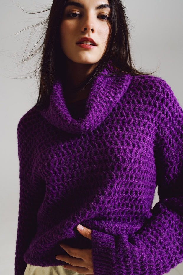 Waffle Knit Sweater With Turtle Neck in Purple