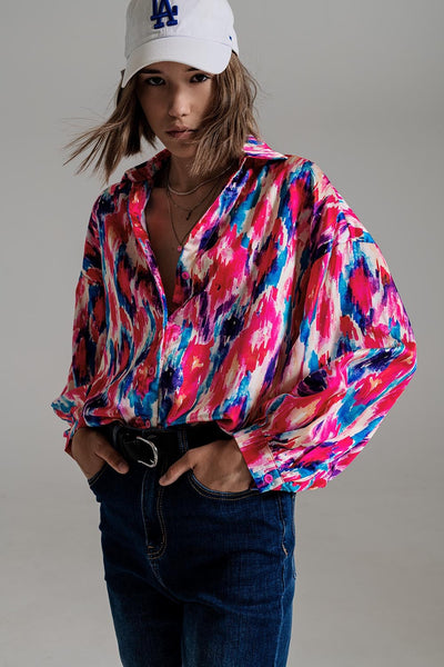 Oversized Button Down Shirt in Abstract Pink and Blue Print