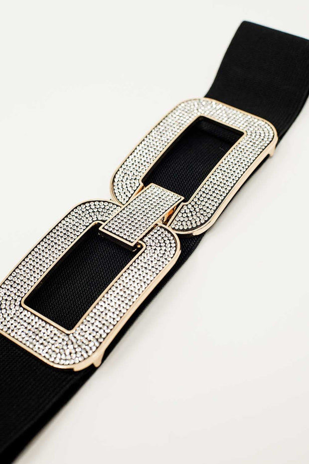 Black Elastic Belt With Double Oval Buckle With Rhinestone Inlays