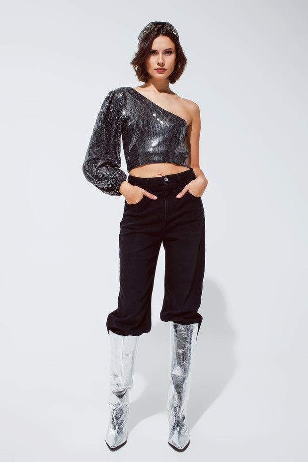 Party Cropped One Shoulder Top With Glitter Detail in Silver