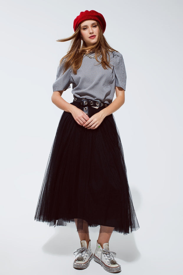 Black Tulle Midi Skirt With Elastic Waist