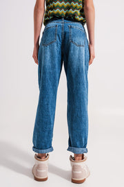 Cotton High Waist Mom Jeans in Medium Blue