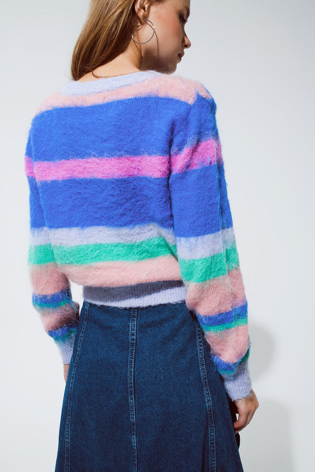 Multi Colored Sweater With Stripes Pink and Blue