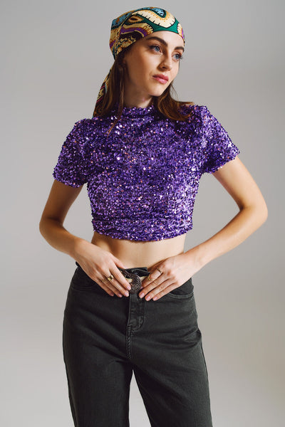 Cropped High Neck Top in Purple Sequin