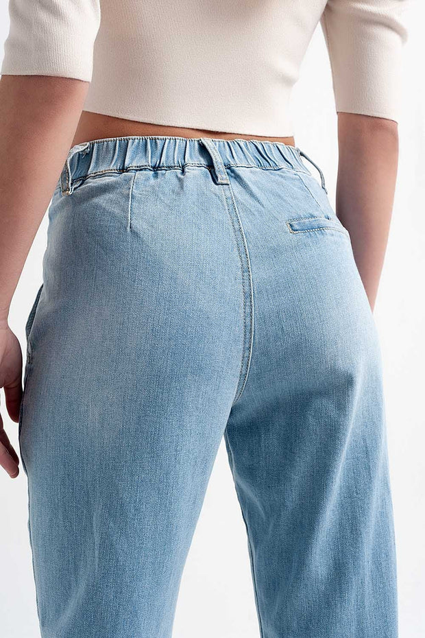 Jean With Double Waistband in Blue With Rips