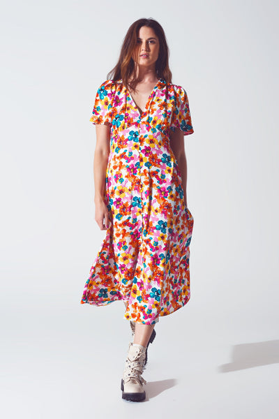 Midi Cinched in Wist Dress in Multicolot Floral Print