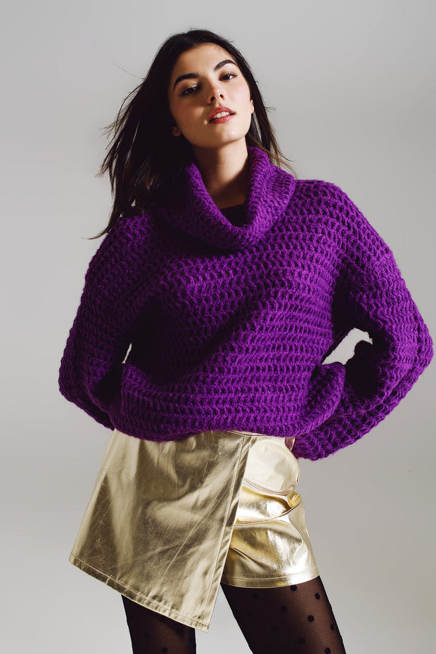 Waffle Knit Sweater With Turtle Neck in Purple