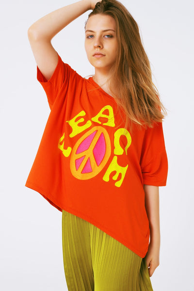 Oversized T-Shirt With Peace Text in Orange