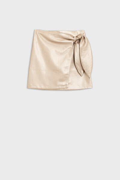 Gold Faux Leather Mini Skirt With Bow on the Side