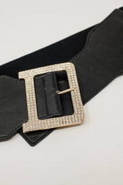 Wide Elastic Black Belt With Rhinestone Details