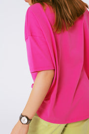 Loose-Fitting Fuchsia T-Shirt With Colored Bear