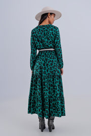 Tiered Maxi Wrap Dress With Long Sleeve in Green