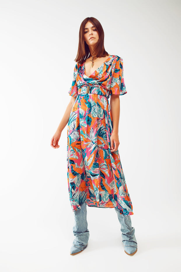 Wrap Maxi Belted Dress With Floral Print in Orange
