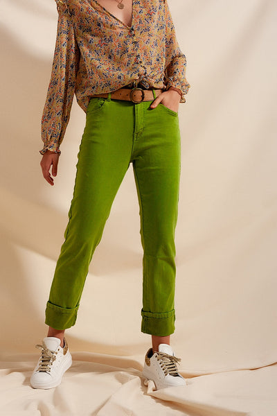 Straight Leg Jeans With Deep Turn Up in Green