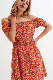 Mini Dress With Shirred Detail in Red Ditsy Floral Print