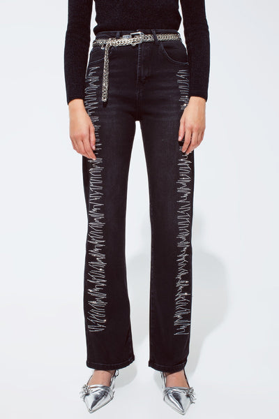 Straight Jeans in Black With Silver Strass Details