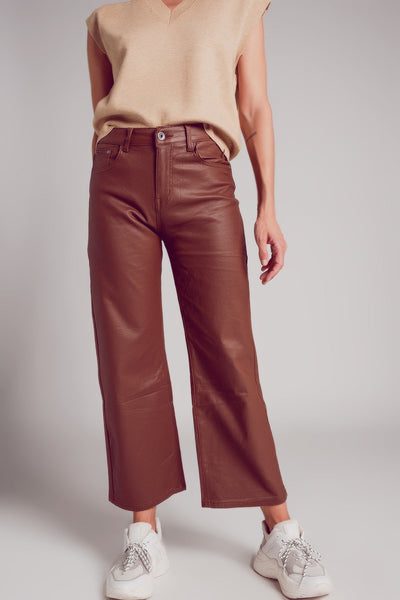 Faux Leather Wide Leg Trouser in Brown