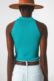 Ribbed Knitted Top With Polo Neck in Turquoise