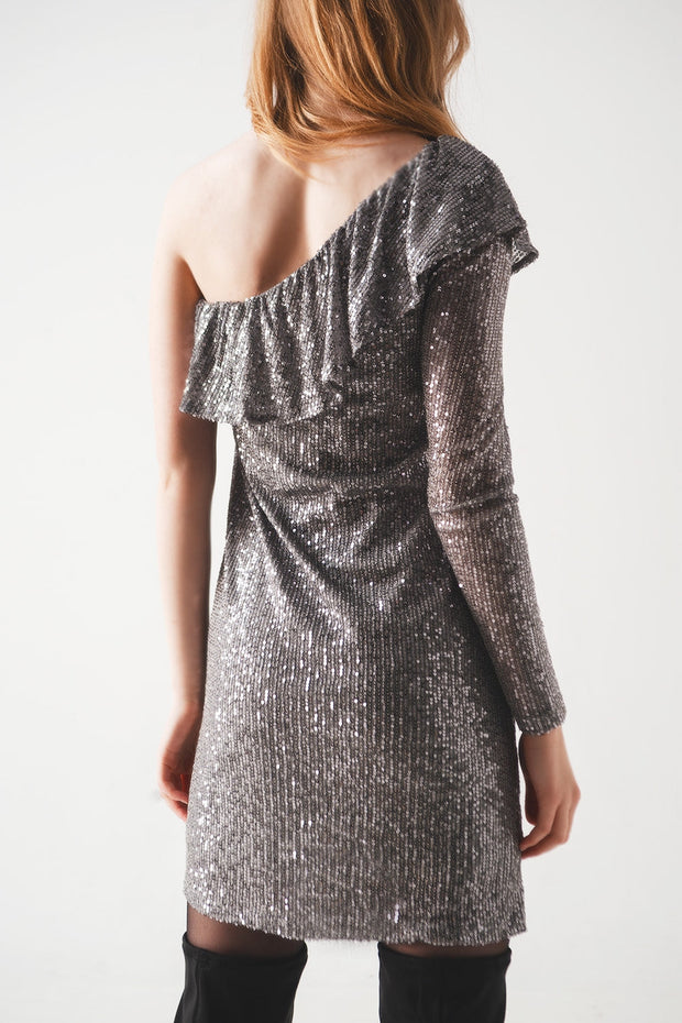 Sequin Long Sleeve Mini Dress in Silver