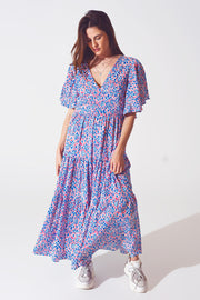 Full Length Dress With Open Tie Back in Purple Print