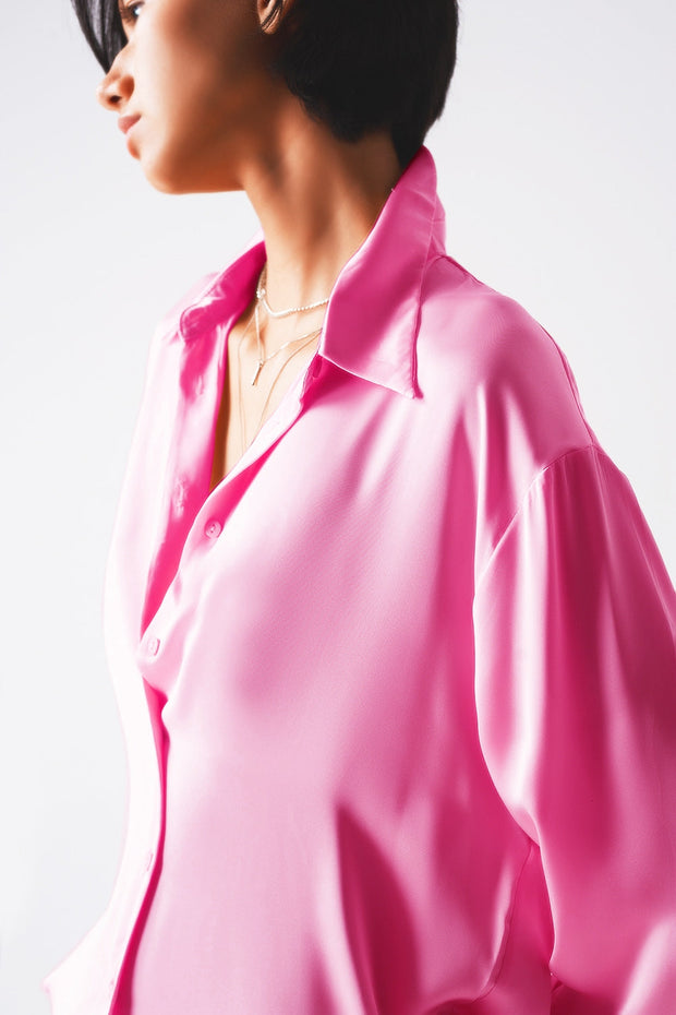 Long Sleeve Satin Button Front Shirt in Pink