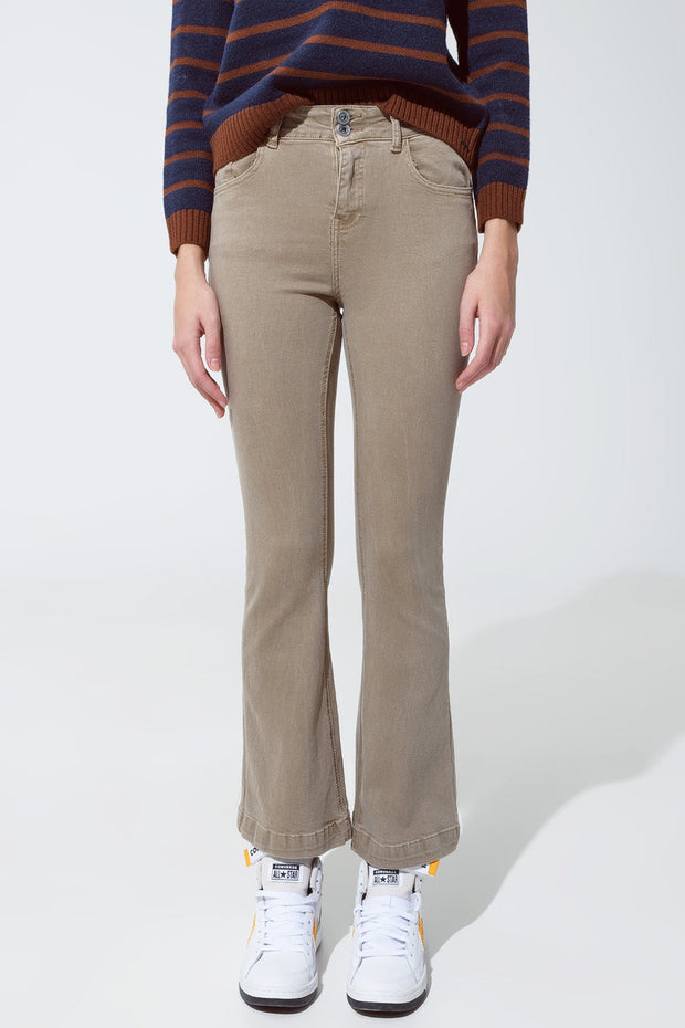 Skinny Flared Jeans With Double Button Detail in Beige