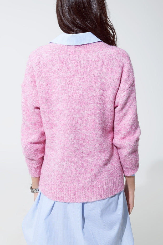 Pink Fluffy Knit Sweater With v Neck