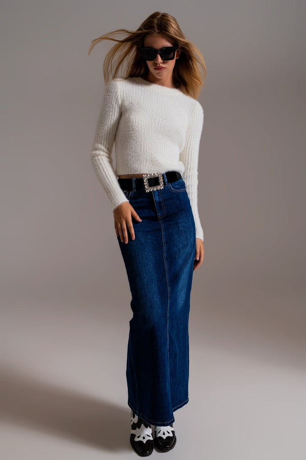 RIbbed Cropped Sweater With Stitching Detail in Ecru