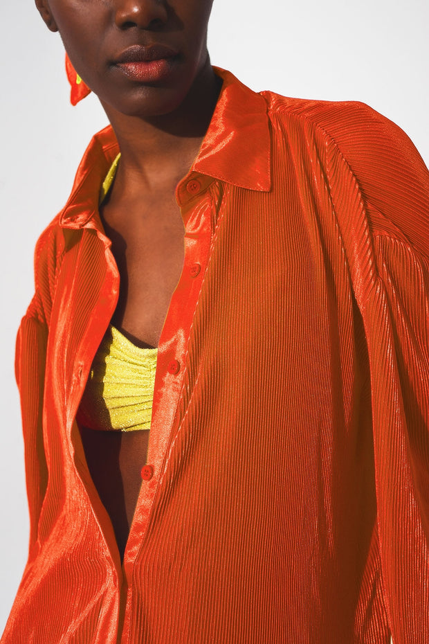 Relaxed Pleated Satin Shirt in Orange