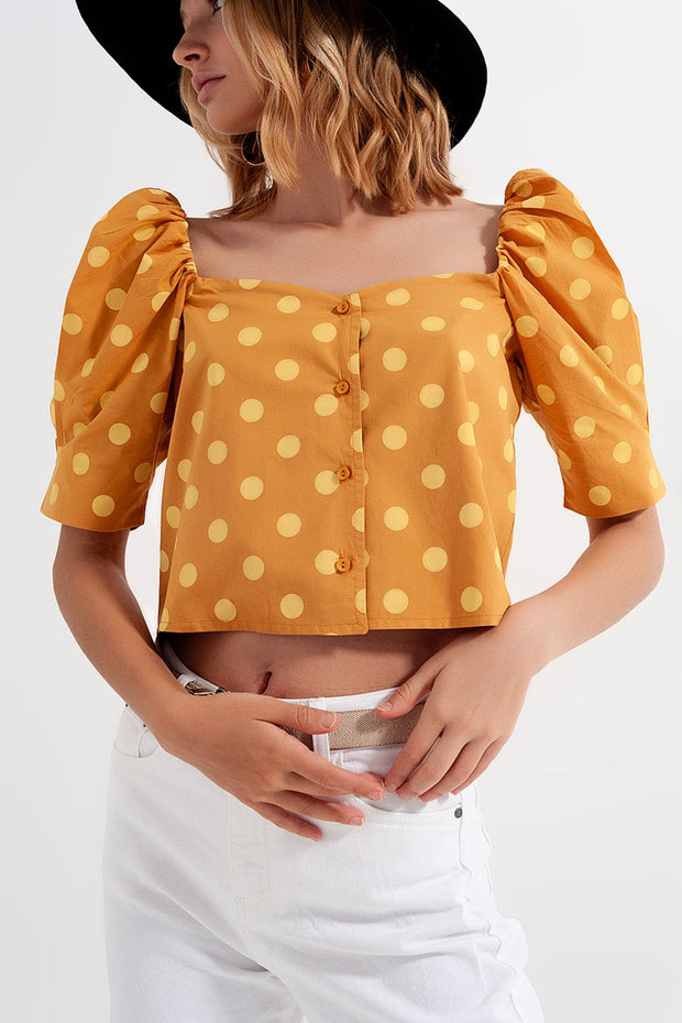 Polka Dot Top With Puffed Sleeves and Square Neckline in Yellow