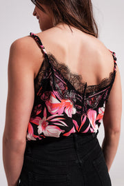 Floral Printed Cami With Lace Trim