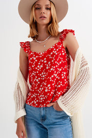 Frill Strap Cami Top in Red Ditsy Floral Print
