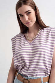 Sleeveless T-Shirt With Shoulder Pad in Purple Stripe