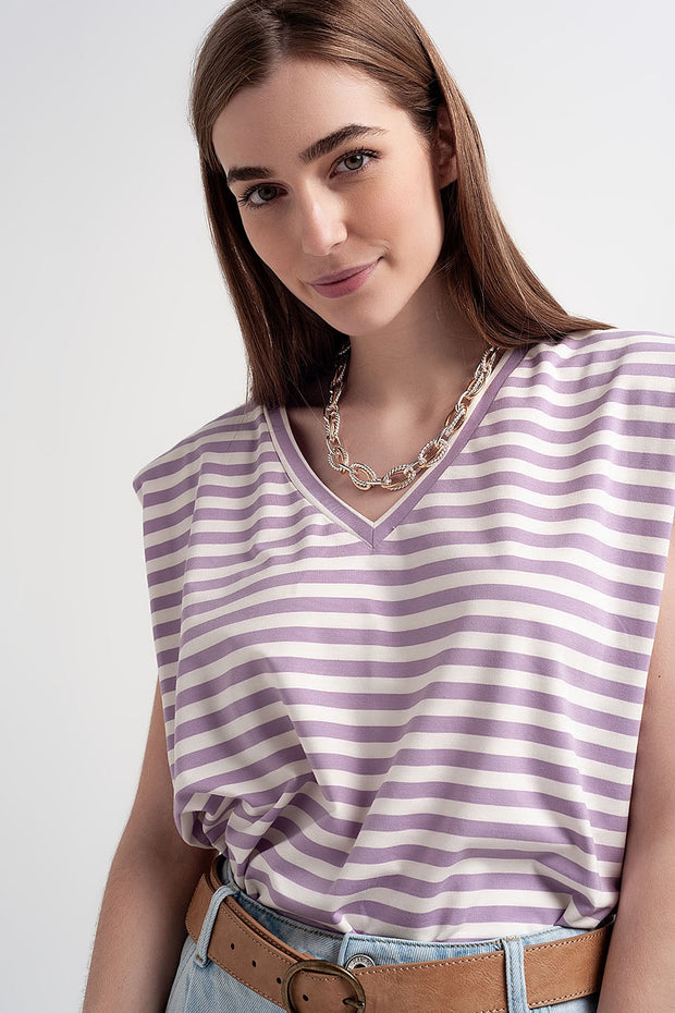 Sleeveless T-Shirt With Shoulder Pad in Purple Stripe