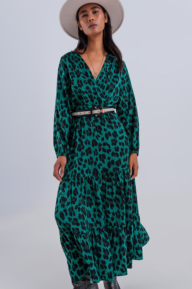 Tiered Maxi Wrap Dress With Long Sleeve in Green