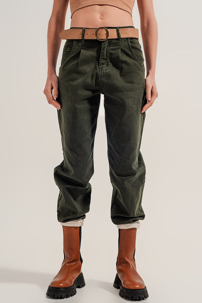 High Rise Mom Jeans With Pleat Front in Green