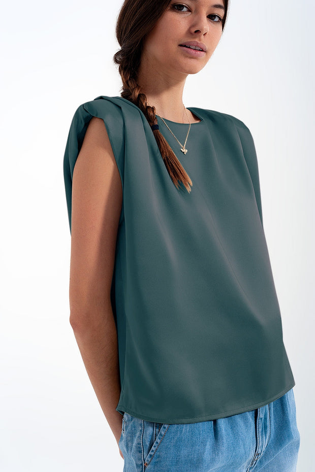 Gathered Satin Shoulder Pad Sleeveless Top in Green