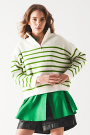 Striped Zip Up Collar Detail Sweater in Green