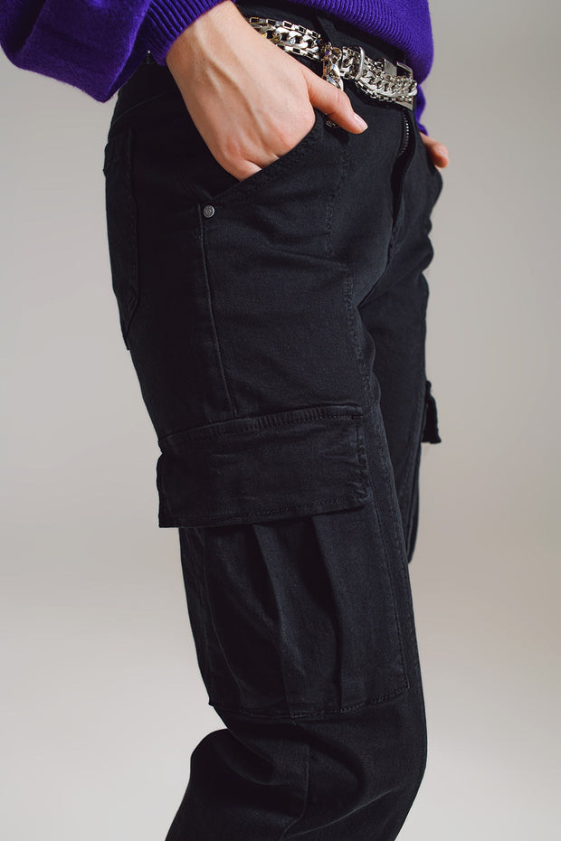 Black Cargo Pants With Elasticated Waist and Hem