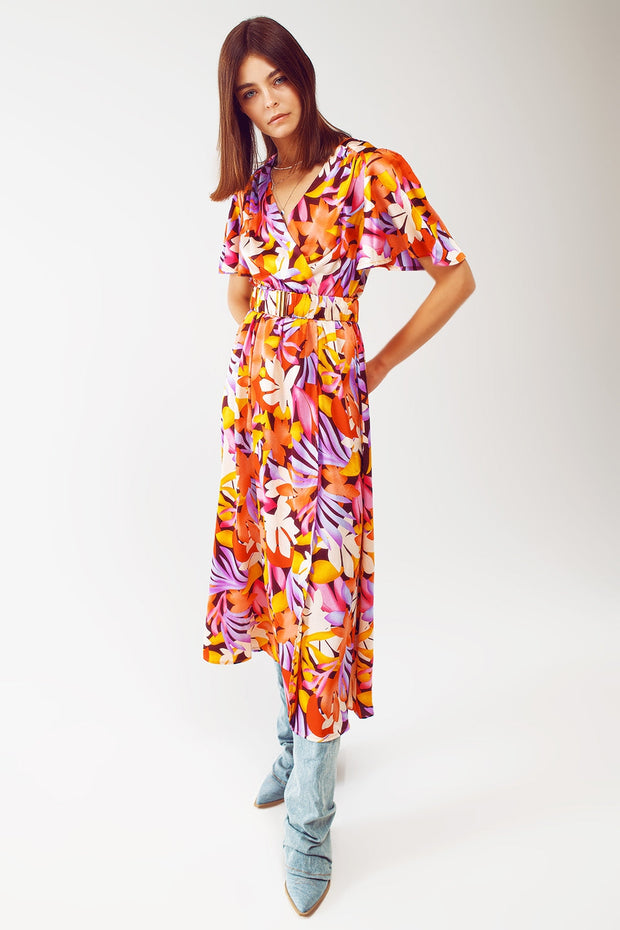 Pleated Maxi v Neck Dress in Multicolour