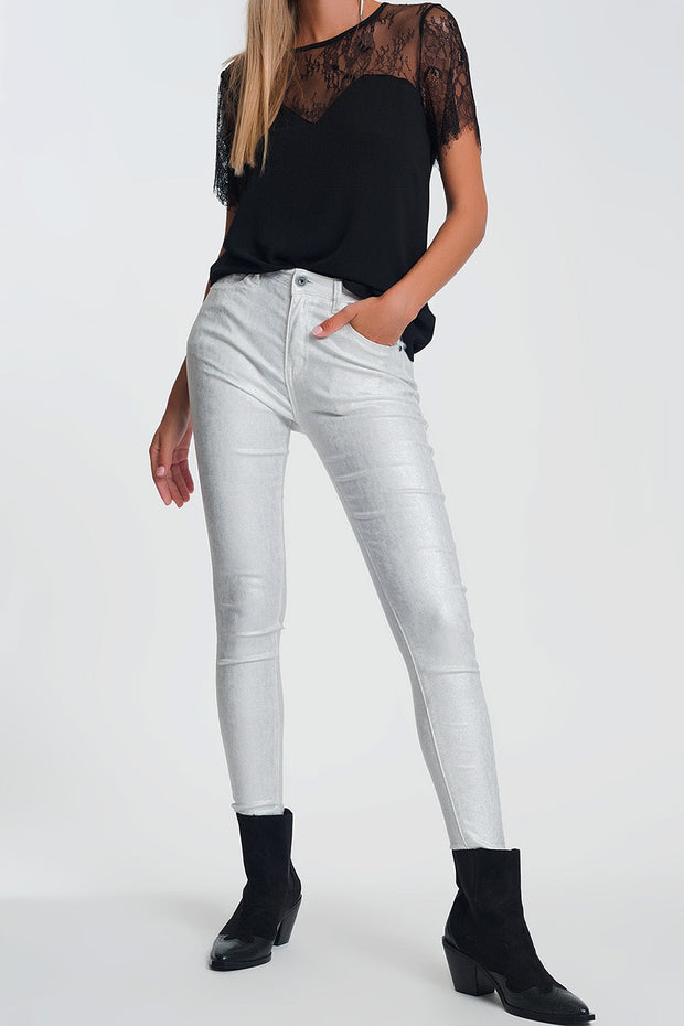 Super Skinny High Waisted Pants With Silver Sparkle in White