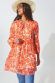 Floral Mini Dress With v Neck in Orange